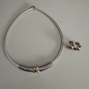 Brighton Silver and Gold Tone Twist Omega Choker Necklace & Hoop Earrings Set